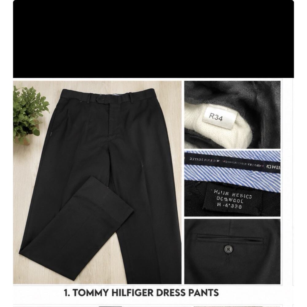 Tommy Hilfiger Dress Pants Black 100% Wool Flat Front Men’s 34x32